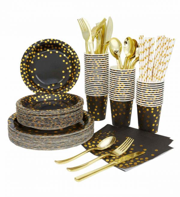 Disposable paper cups kits with black golden dots