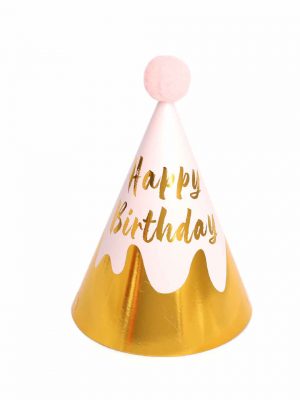 Party paper hat with golden happy birthday