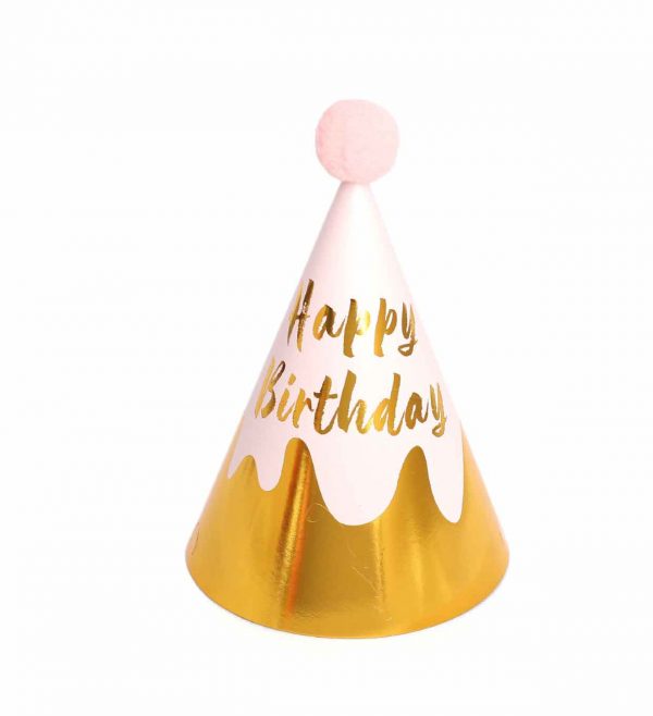Party paper hat with golden happy birthday